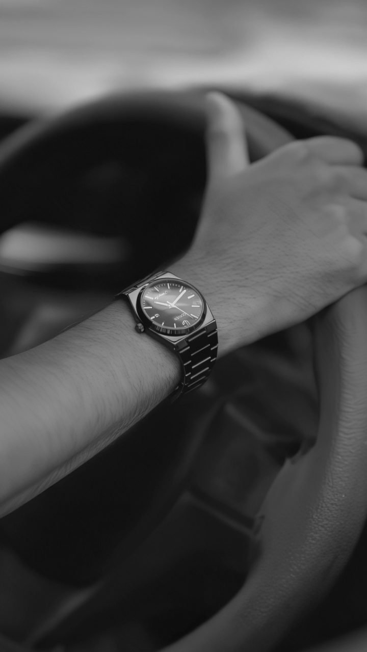 A Corven Heritage Line watch on the wrist, filmed in black and white