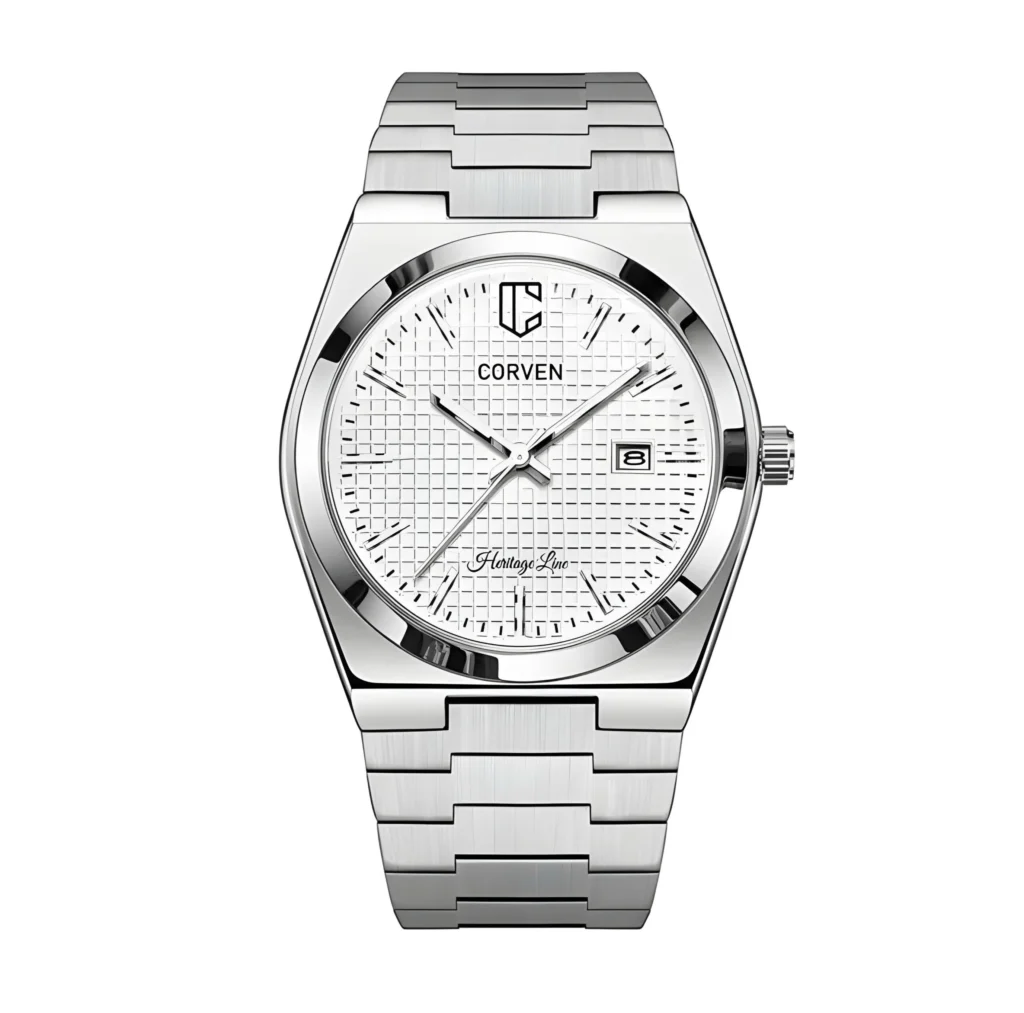 Corven Caelis CS-101HL men's watch with white waffle dial and integrated 316L stainless steel bracelet