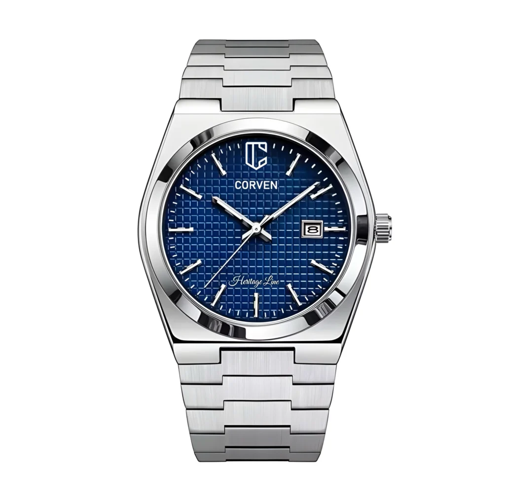 Corven Nocturne NT-201HL men's watch with blue waffle dial and integrated 316L stainless steel bracelet
