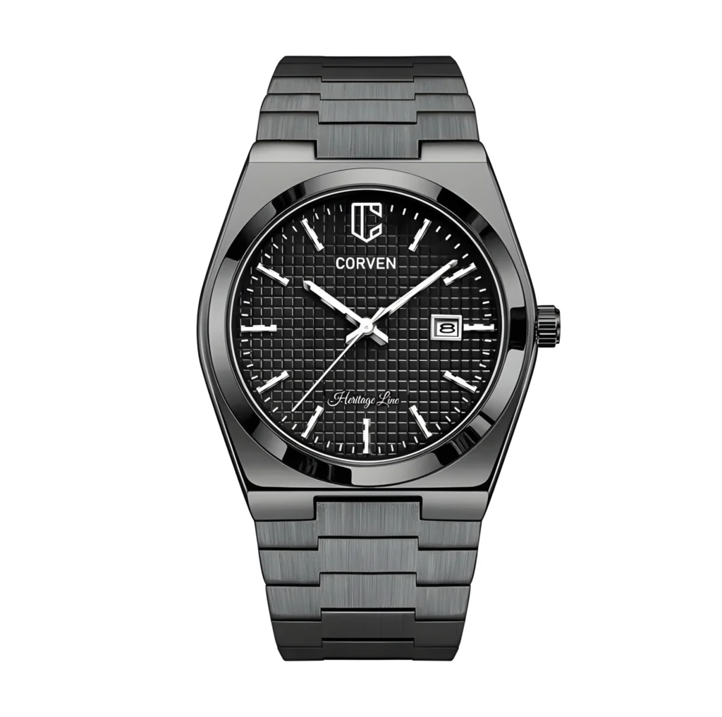 Corven Tenebris TB-301HL black PVD men's watch with black waffle dial and black bracelet