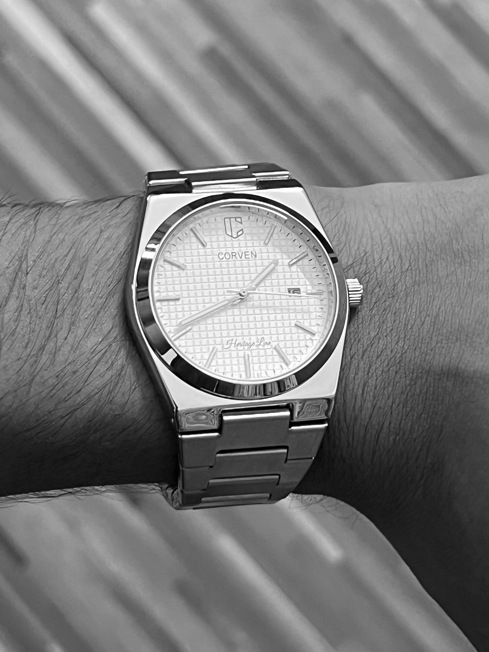 Corven Caelis on the wrist, photographed in black and white